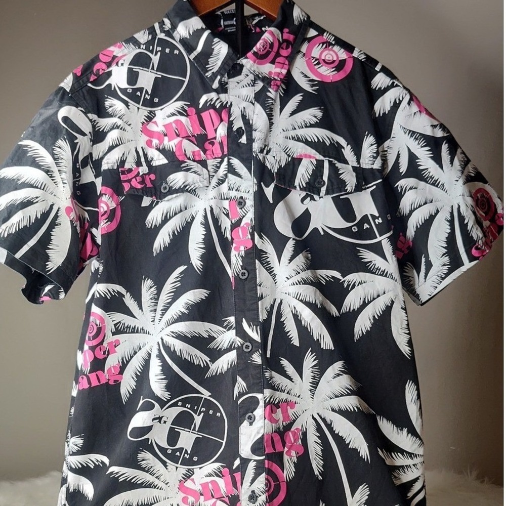 Sniper Gang Button Down Shirt Men's Small Palm Tree Pink Black‎ Graphic